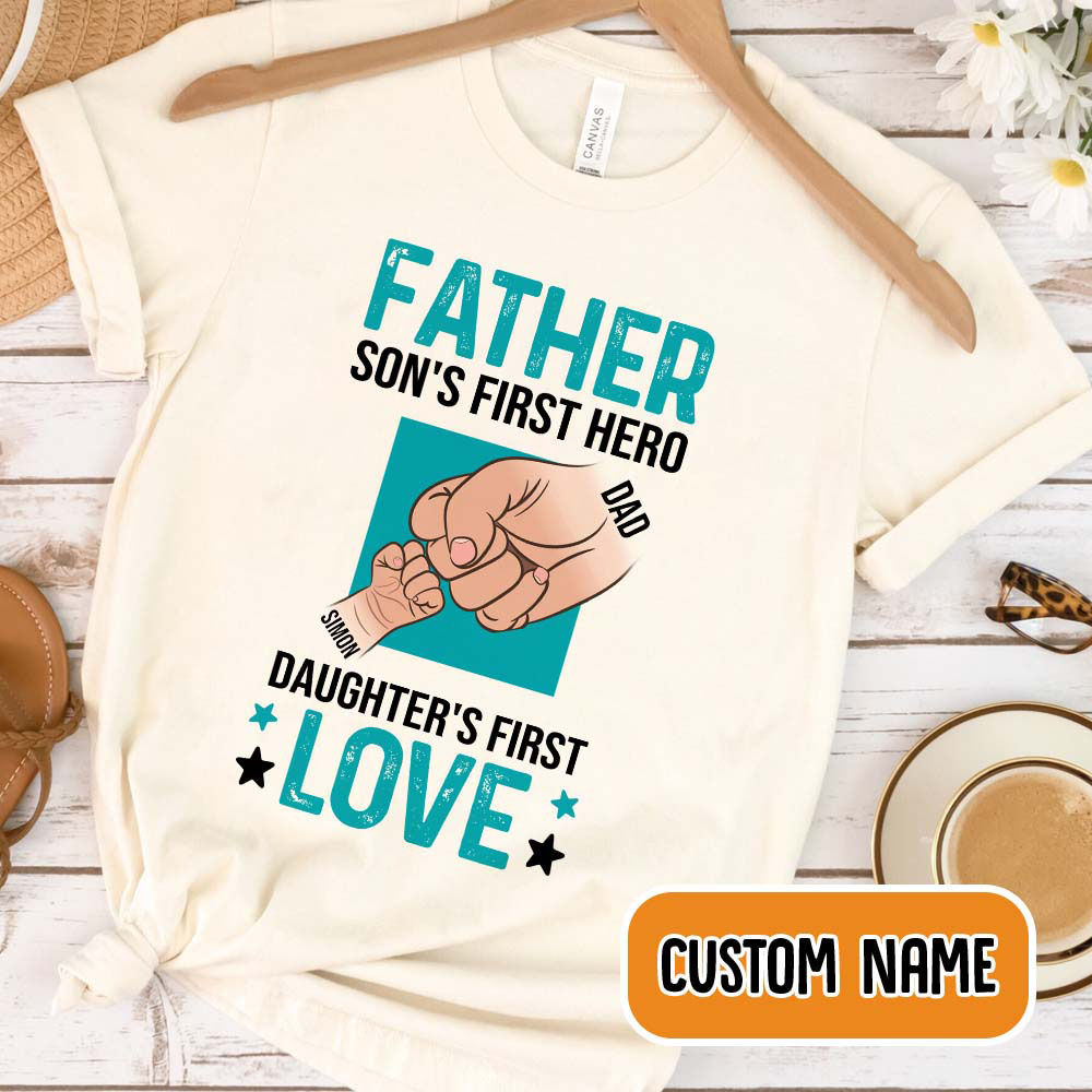 Father's Day - Father's Day 2024 - Personalized Father son's first hero daughter's first love Shirt, daddy and me bumps shirt ,bumps kids, Custom Daddy Shirt, Funny daddy Shirt, Daughter and Dad Gift For Father 30398 - Personalized Onesie_1