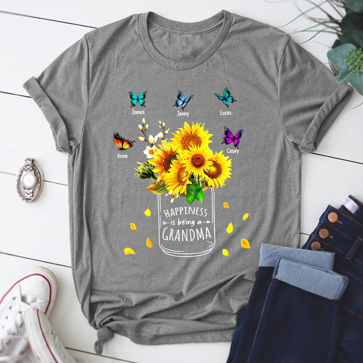 Grandmas Shirt - Personalized Happiness is being a Grandma Flower Grandma With Kids And Grandkids Names Shirt, Mother's Day Gift, Grandma's Birthday Shirt 30677_2