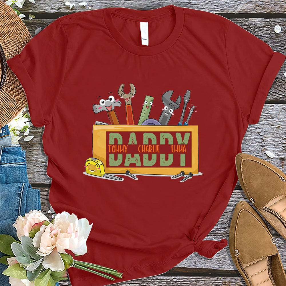 Father's Day 2023 - Personalized Father's Tools Shirt, Custom Grandchildren  Name Shirt, Grandpa Grandkids Matching Shirt, Funny Papa Daddy Kids Shirt  