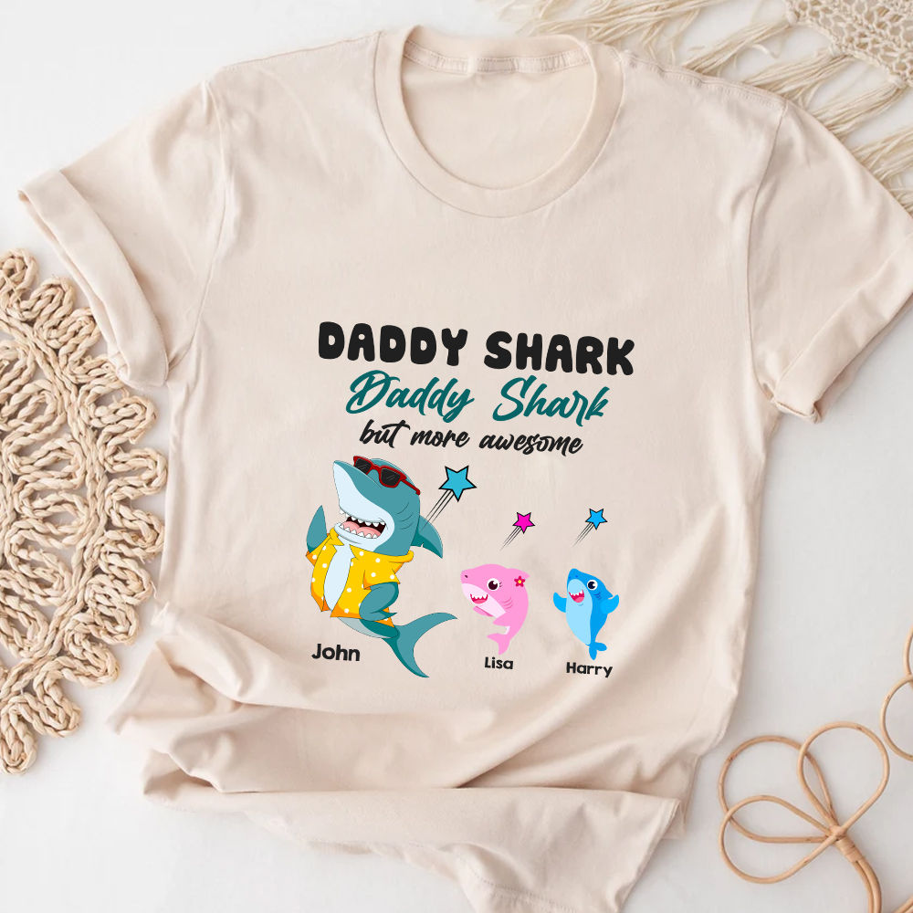 Father's Day 2023 - Personalized Daddy Shark Shirt, Dad Shirt, Custom Dad Kids Names Shirt, Funny Cool Dad Shirt Gift 32256 - Personalized Shirt_3