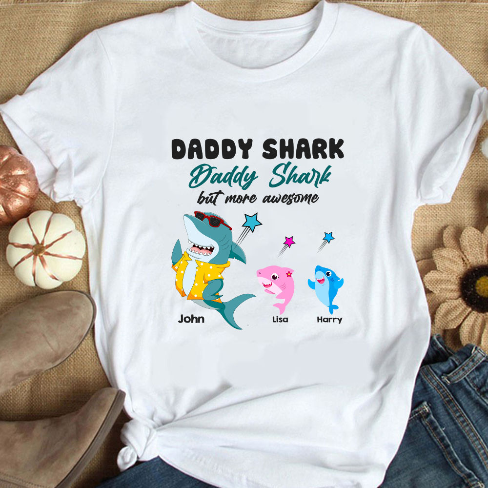 Father's Day 2023 - Personalized Daddy Shark Shirt, Dad Shirt, Custom Dad Kids Names Shirt, Funny Cool Dad Shirt Gift 32256 - Personalized Shirt