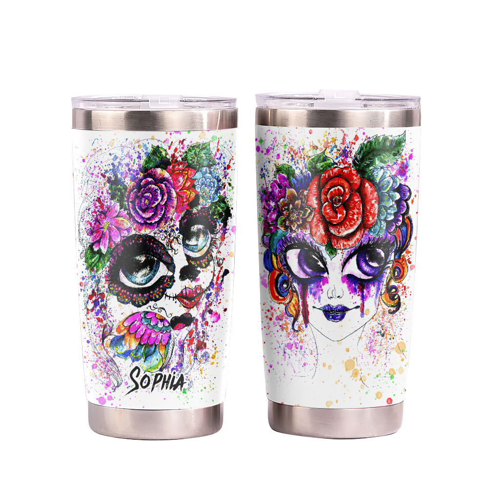 Halloween Tumbler/October Aesthetic/Floral Skull/Funny Tumbler/Blue Skull  Tumbler/Cute Tumbler/Insulated Tumbler with Straw