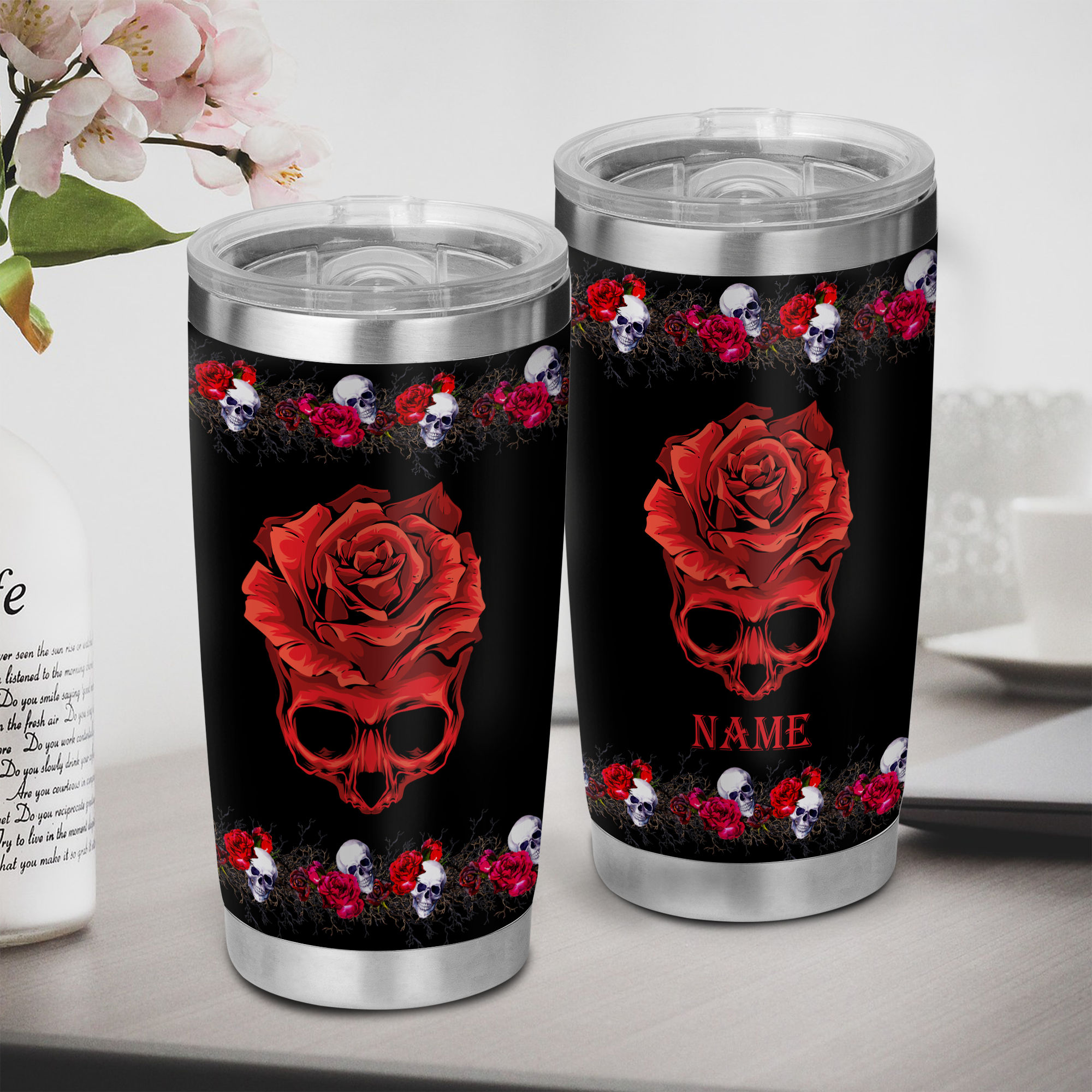 Skull Red Roses Stainless Steel 20oz Tumbler Travel Mug, Gothic