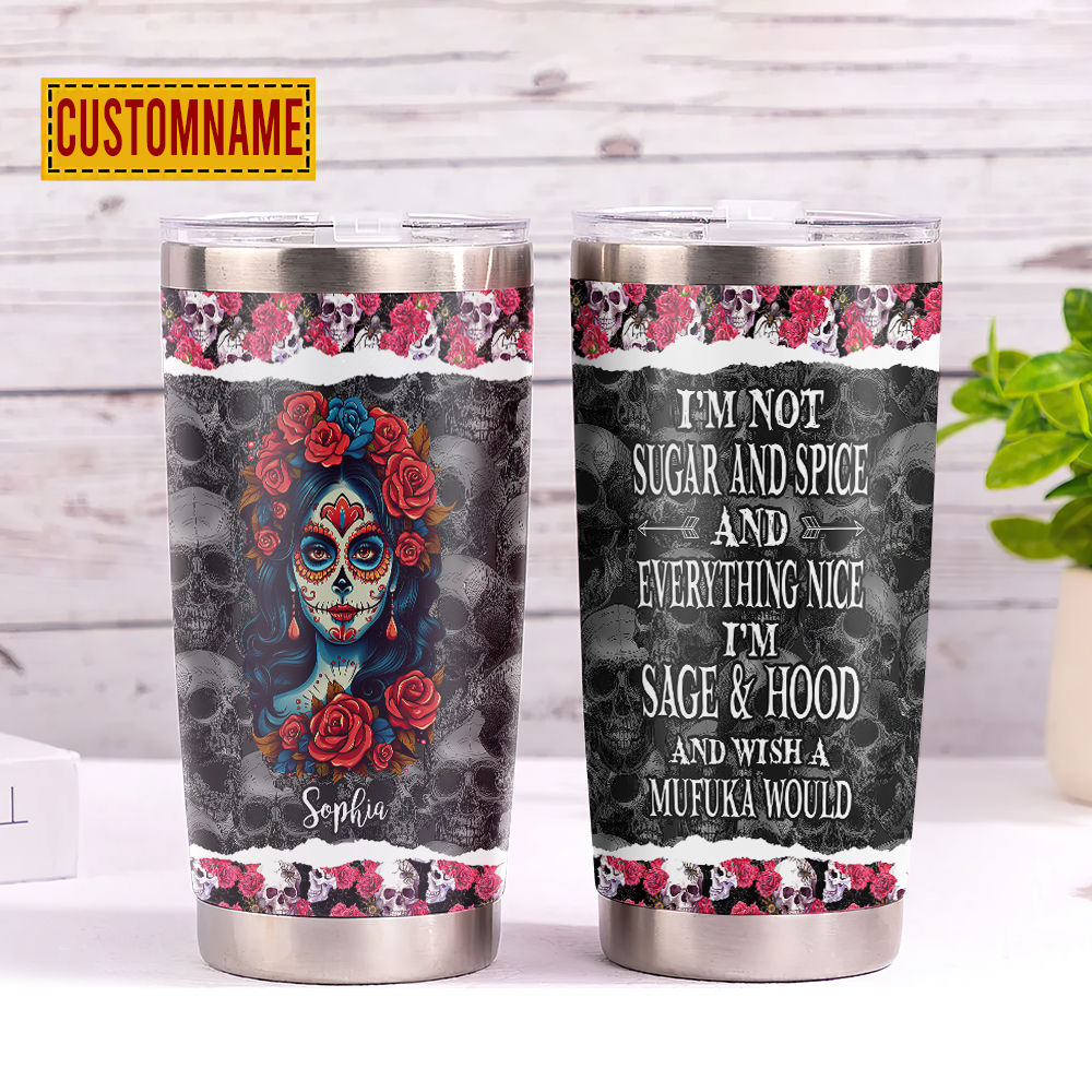 40 oz Tumbler with Handle - Sugar Skull and Roses Full Wrap Pattern