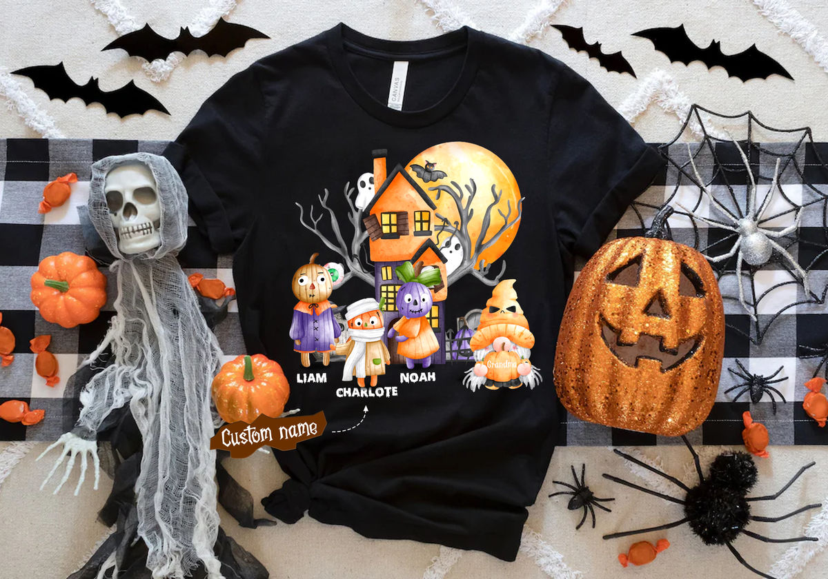 Personalized Halloween Shirt, Grandma Gnome Shirt, Grandma Grandkids Name Shirt, Nana Gigi Grandchildren Pumpkin Shirt, Family Happy Halloween Shirt 33340