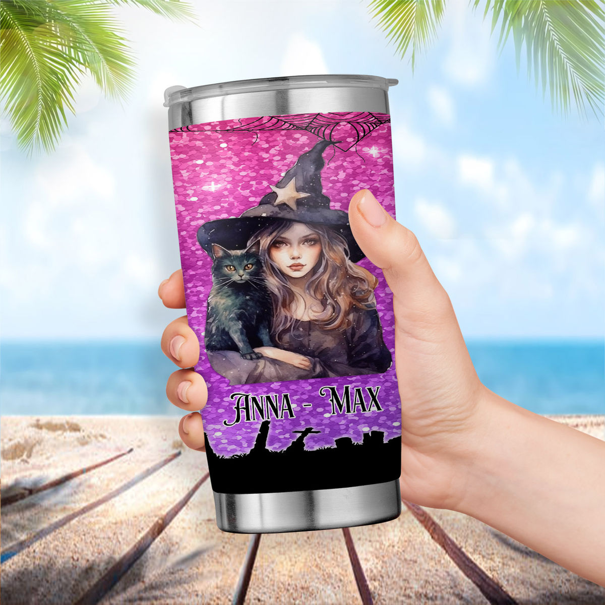 Halloween 2023 - Personalized Witch and Cat Stainless Steel Tumbler_2