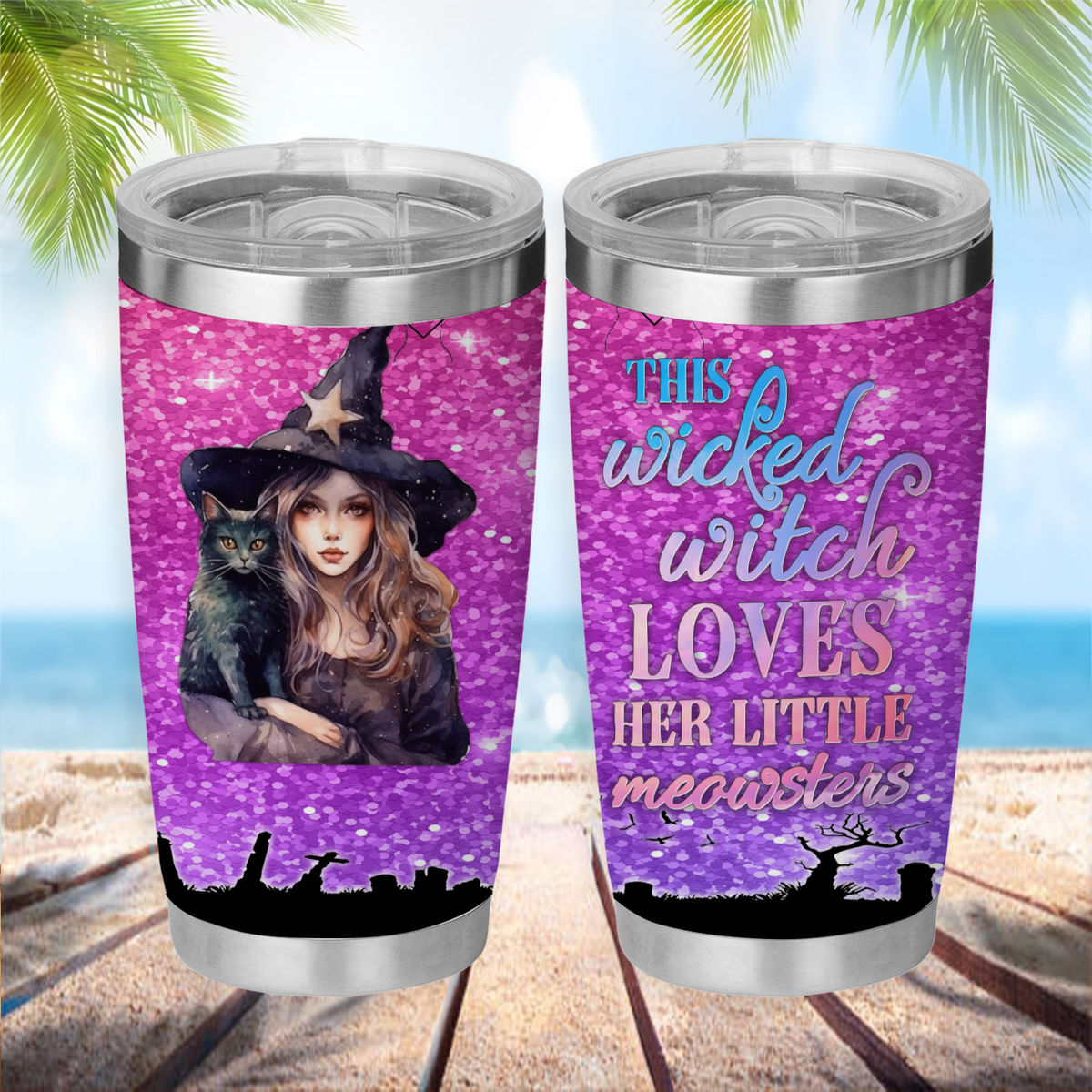 Halloween 2023 - Personalized Witch and Cat Stainless Steel Tumbler