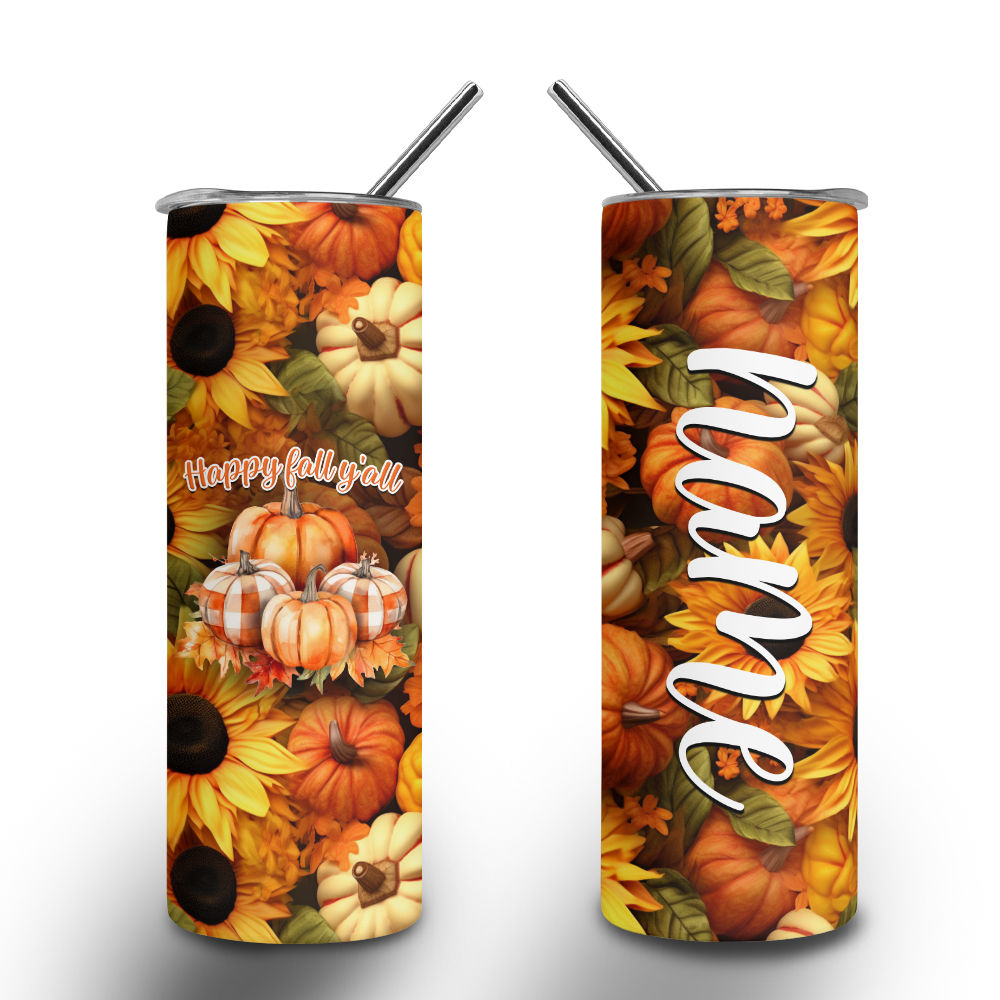 Fall Beige Leopard Orange Pumpkin Sunflower 20oz Skinny Tumbler