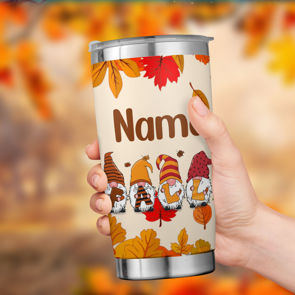 Gnome Fall Tumbler - Personalized Just Loves Gnome Fall Coffee Tumbler-  Custom Witch Name Halloween Tumbler With Lid - Insulated Coffee Tumbler For