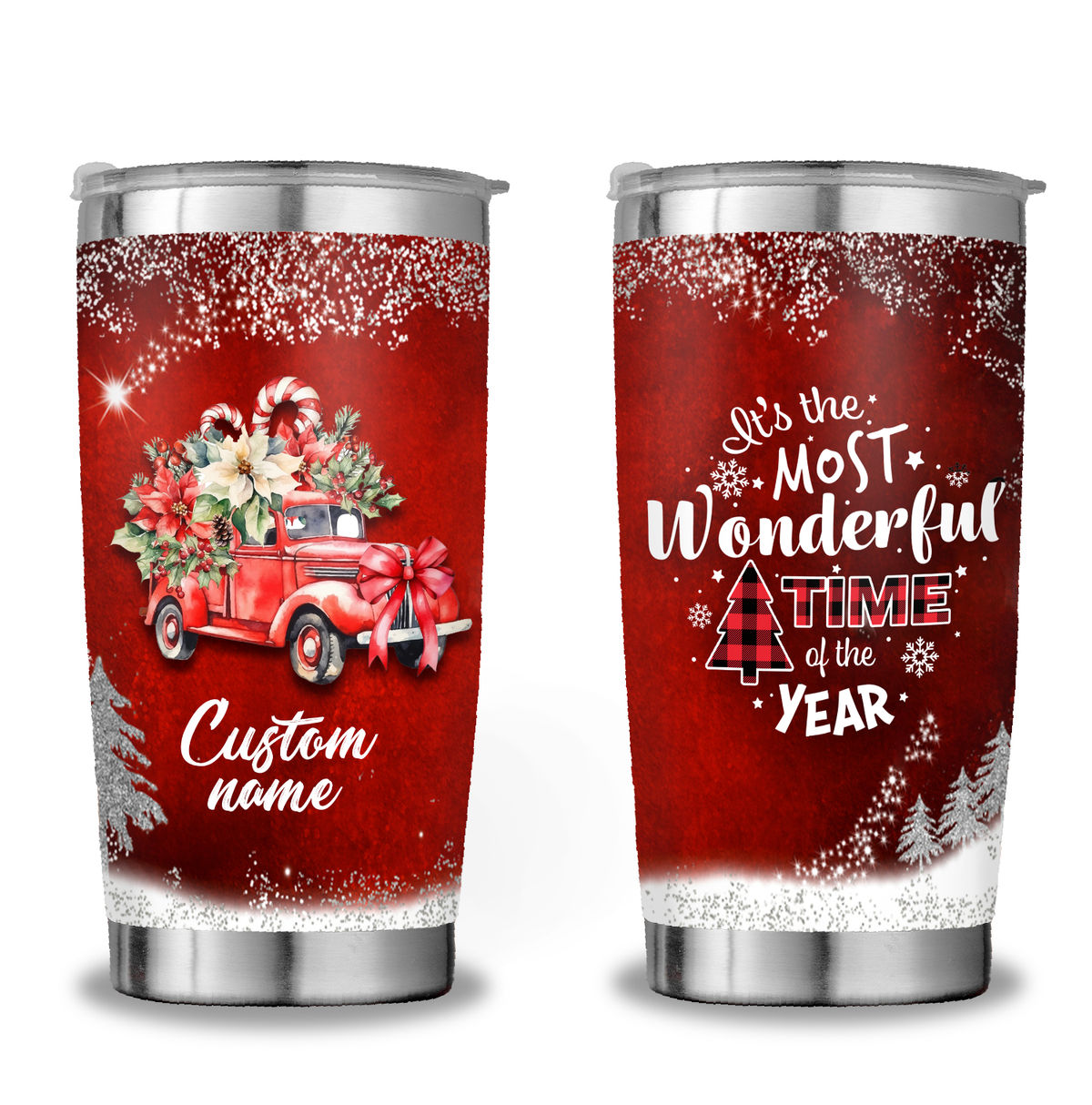 red truck christmas - Christmas Gifts -20 oz Stainless Steel Tumbler with Lid - Christmas Decorations - Christmas Mugs for Men, Women - Gifts For Dad, Mom, Friends, Coworkers on Christmas - Travel Mug Tea Bottle Christmas Vacuum Insulated Double Layer Coffee Mug 38075 38076