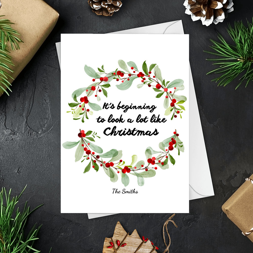 Trending Christmas Card - Christmas Card - Beautiful Simple Botanical Foliage Based Cards In Festive Green And Red, It's Beginning To Look A Lot Like Christmas - Personalized Card