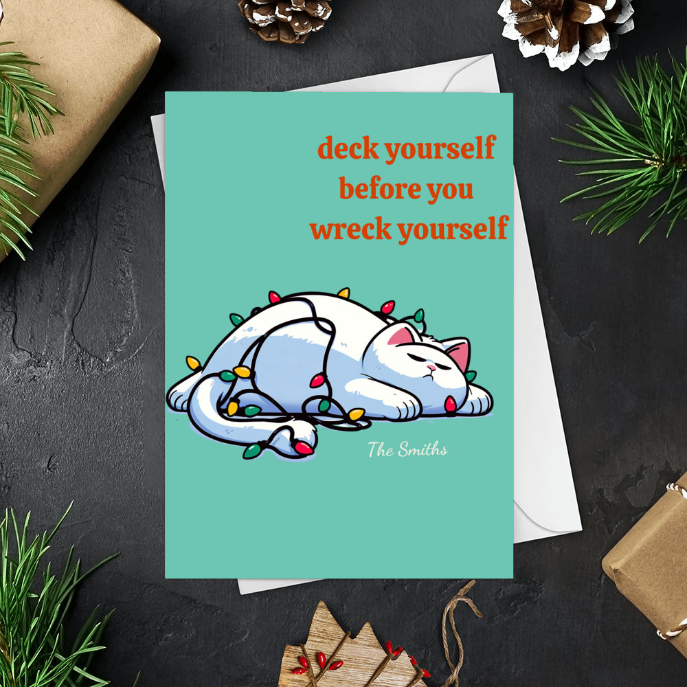 Trending Christmas Card - Christmas Card - Colorful Cat Christmas Cards in Unique Illustrations, Vertical Card, Deck Yourself Before You Wreck Yourself - Personalized Card