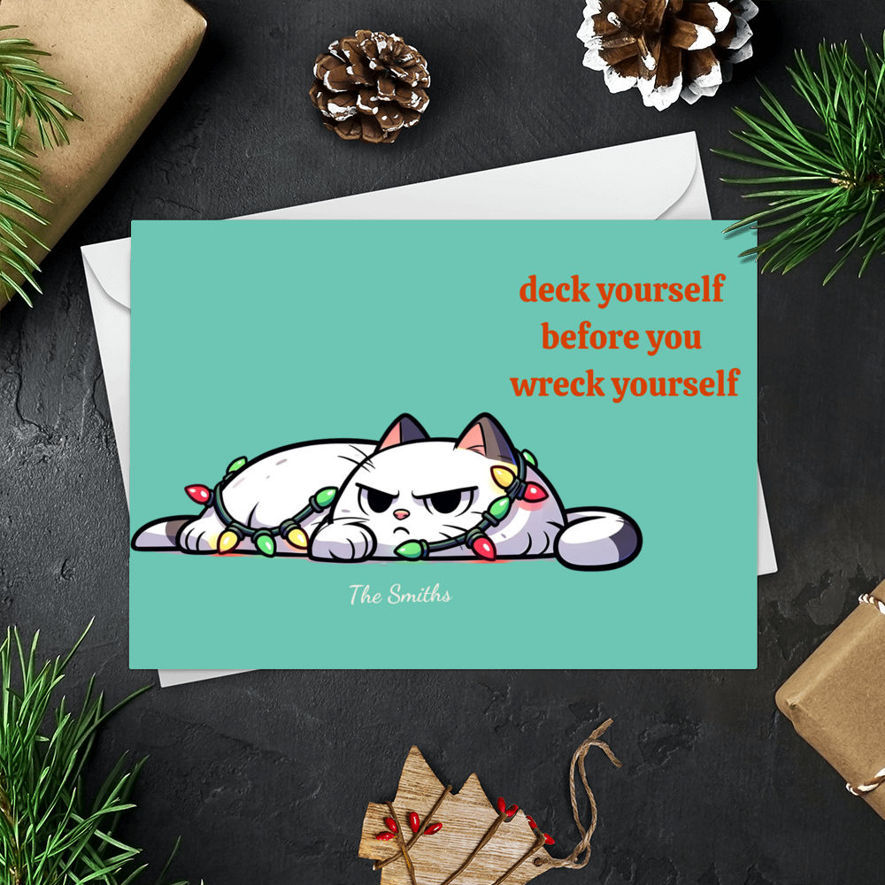 Trending Christmas Card - Christmas Card - Colorful Cat Christmas Cards in Unique Illustrations, Horizontal Card, Deck Yourself Before You Wreck Yourself - Personalized Card