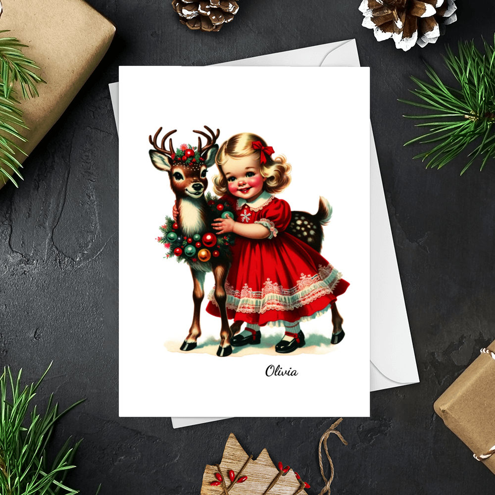 Personalized Card - Trending Christmas Card - Christmas Card - Vintage Cute Christmas Girl and Reindeer Card Retro Personalized Card Christmas