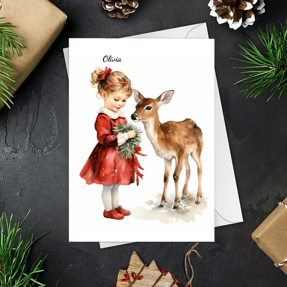 Personalized Card - Trending Christmas Card - Christmas Card - Vintage Cute Christmas Girl and Reindeer Card Retro Christmas Personalized Card