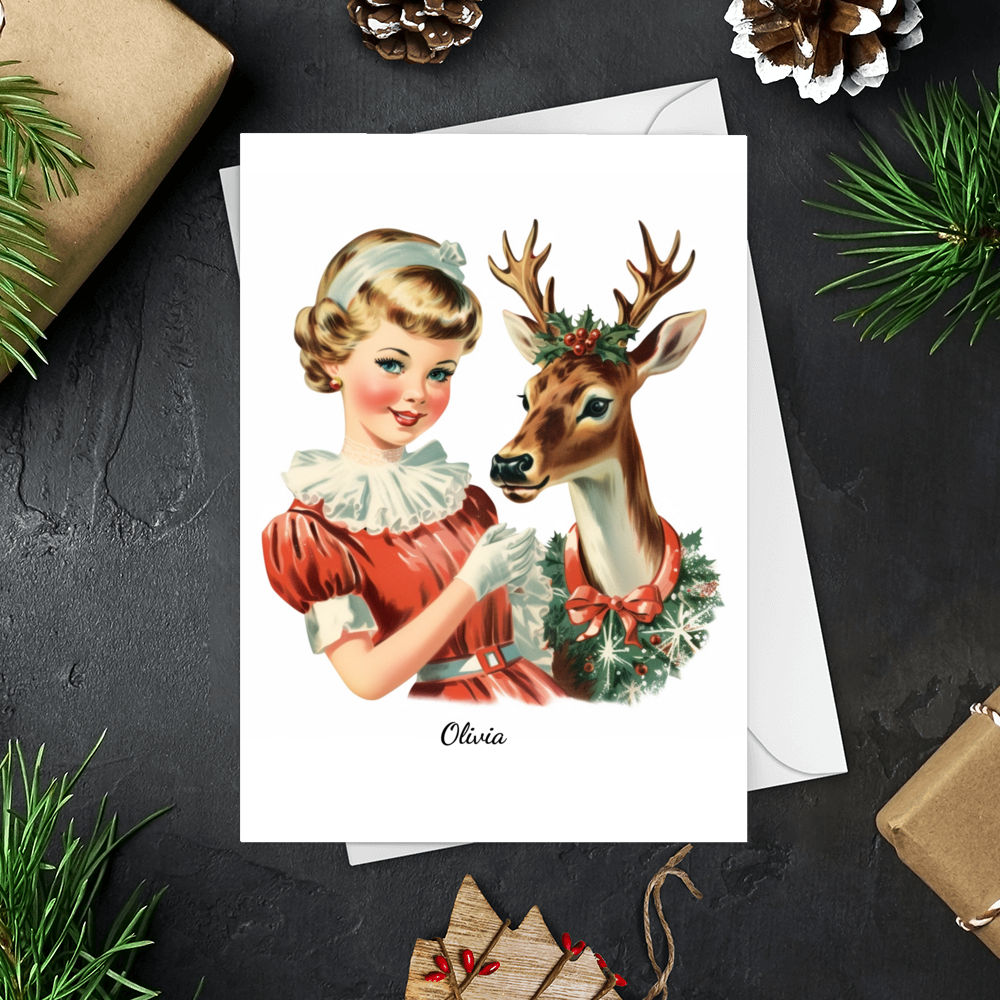 Trending Christmas Card - Christmas Card - Vintage Cute Christmas Girl and Reindeer Card Retro - Personalized Card