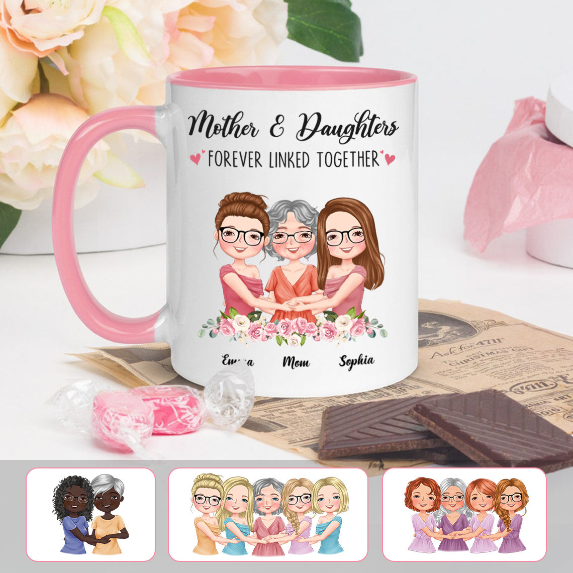 Personalized Mug - Mother's Day 2024 - Gift for Mom, Gift for Sisters  - Mother & Daughters Forever Linked Together