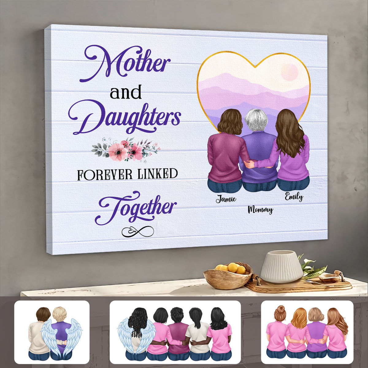 Mother's Day 2024 - Gift For Mom, Gift For Sisters -  Mother & Daughters Forever Linked Together Purple Ver - Personalized Wrapped Canvas