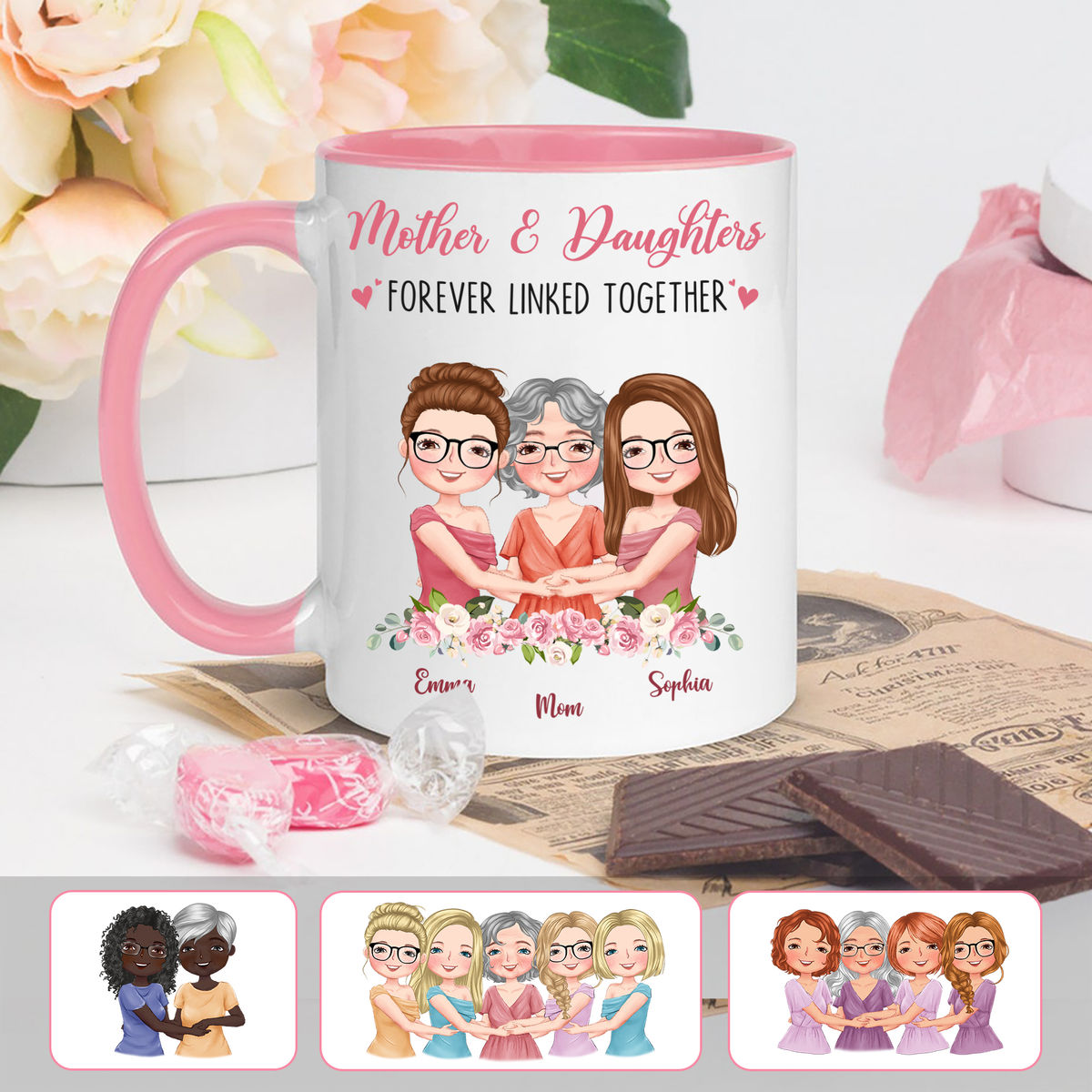 Personalized Mug - Mother's Day 2024 - Gift for Mom, Gift for Sisters  - Mother & Daughters Forever Linked Together V3