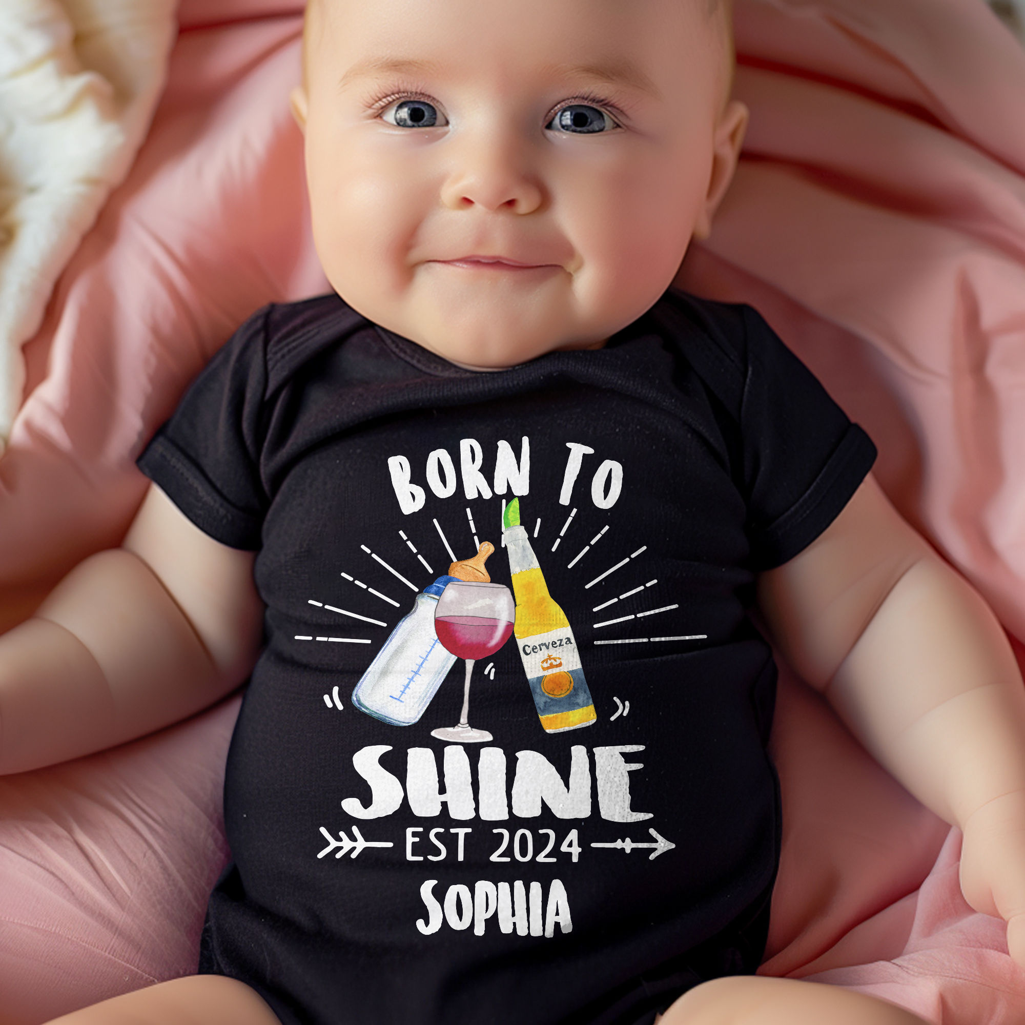 Baby Onesies Born to Shine Custom Drink For Dad, Mom, Baby, Baby Gifts, New Mom, Dad Gifts