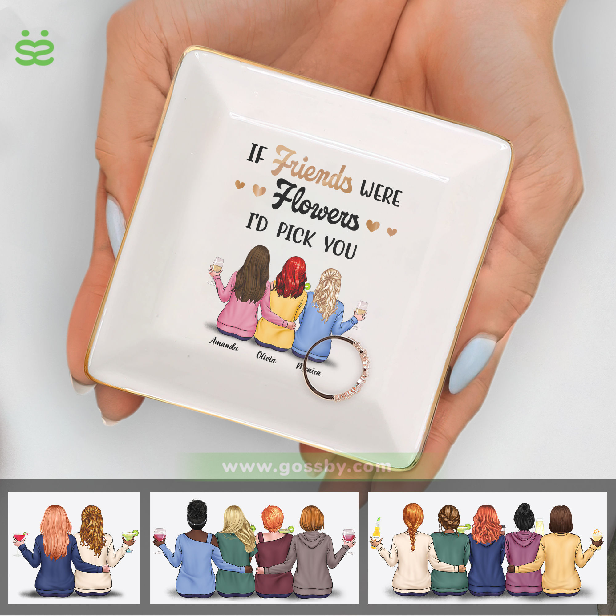 Personalized Best Friend Ring Dish - Ceramic Jewelry Tray With Names & 'If Besties Were Flowers' Quote