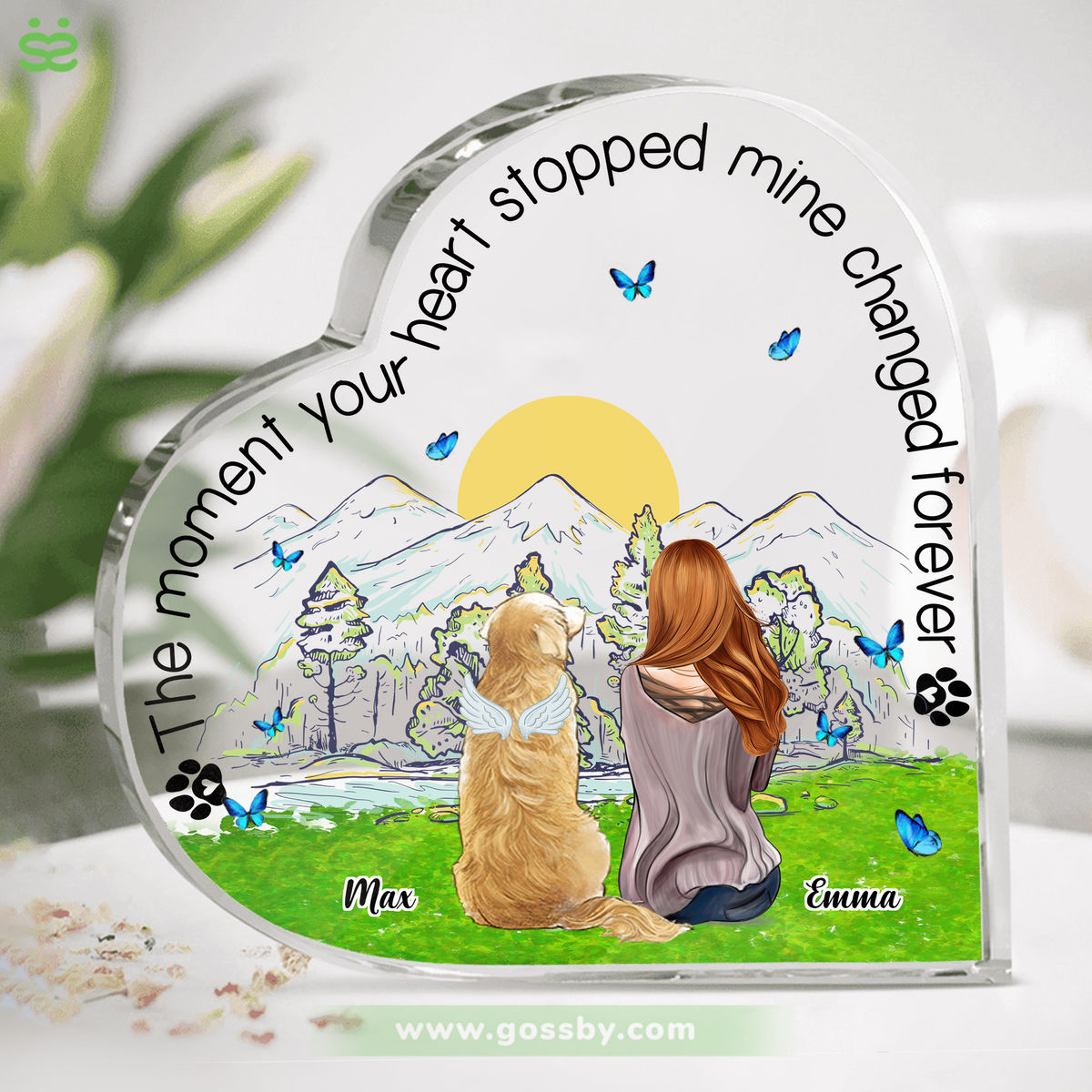 Heart Acrylic Transparent Plaque - Girl and Her Dog - Personalized Heart Shaped Acrylic Plaque - The Moment Your Heart Stopped Mine Changed Forever