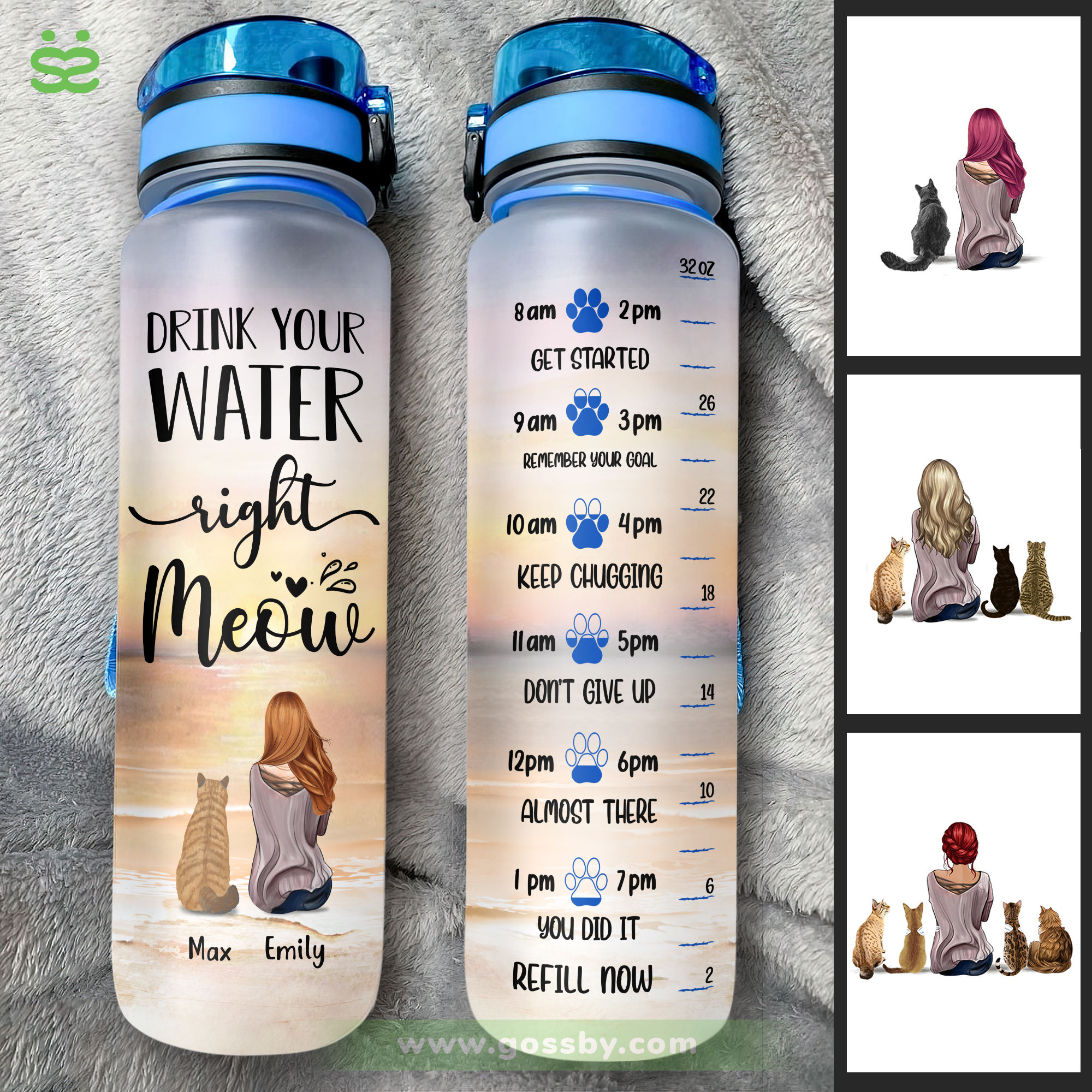 Drink Your Water Right Meow - Personalized Water Bottle With Time