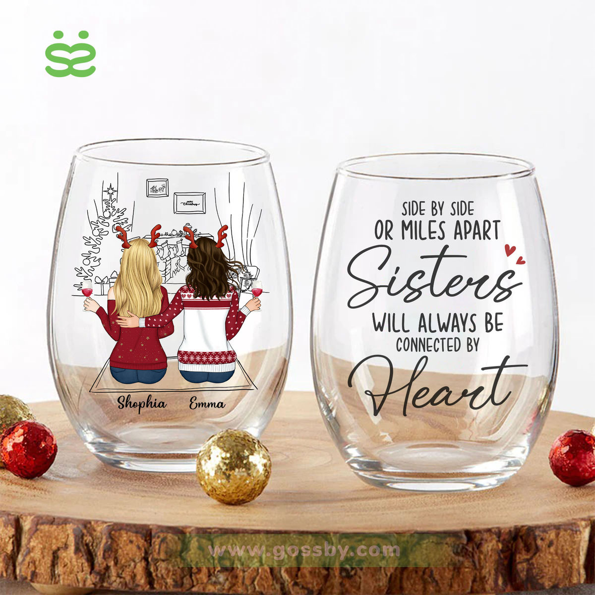 Wine Glass - Side by side or miles apart sisters will always be connected by heart H4_2