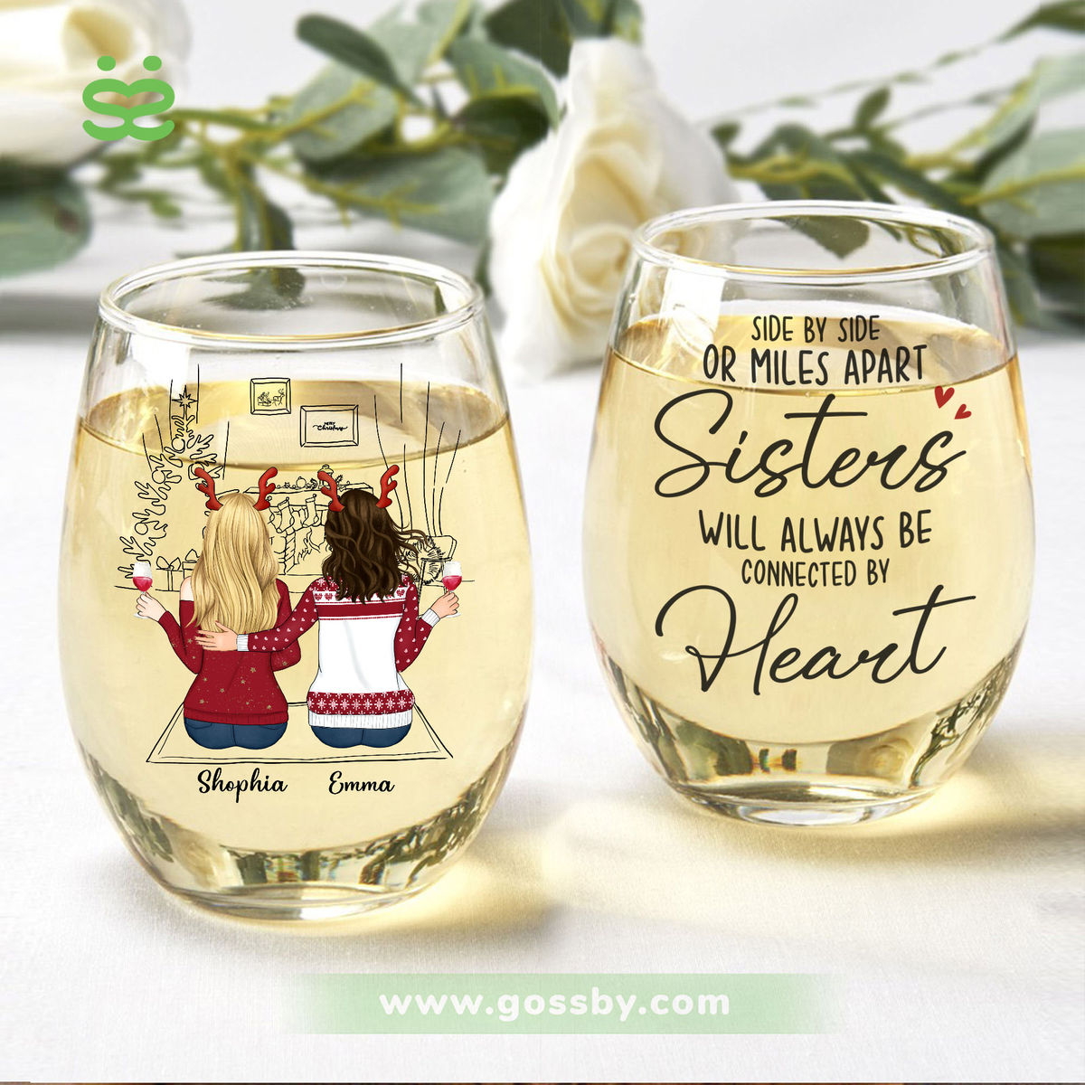 Wine Glass - Side by side or miles apart sisters will always be connected by heart H4_1