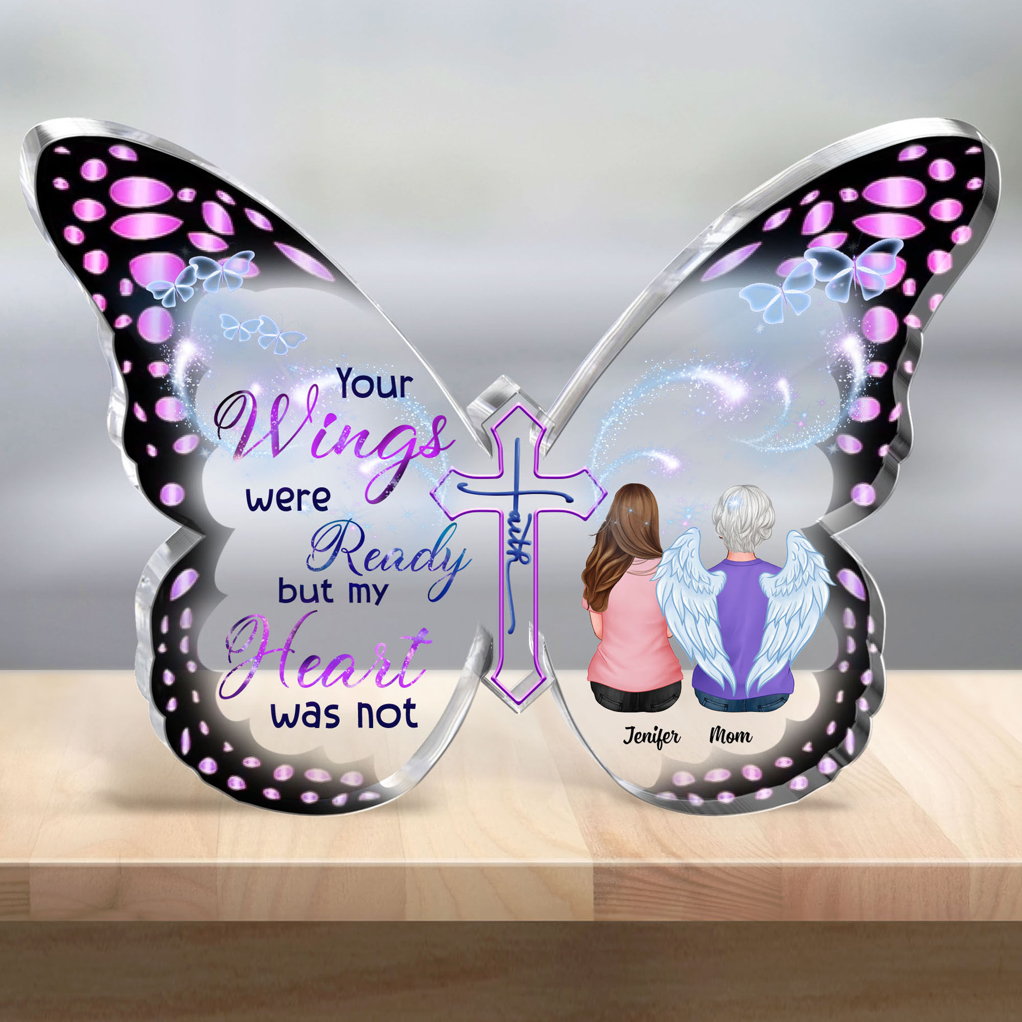 Personalized Memorial Cat Wings Acrylic Plaque - Upload Photo - Memorial Gift Idea For Cat Lover - Don't Cry For Me Mom! I'm Ok main image 1