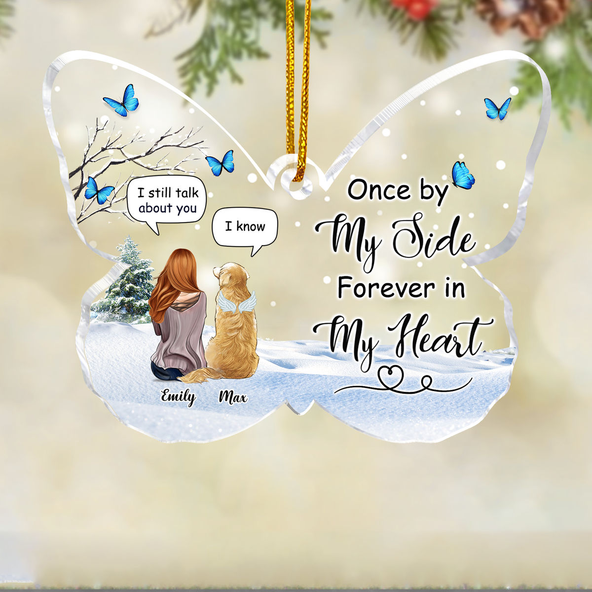 Transparent Ornament - Christmas Gift - Dog Lover - Once by my side forever in my heart (Custom Butterfly-Shaped Acrylic Ornament)