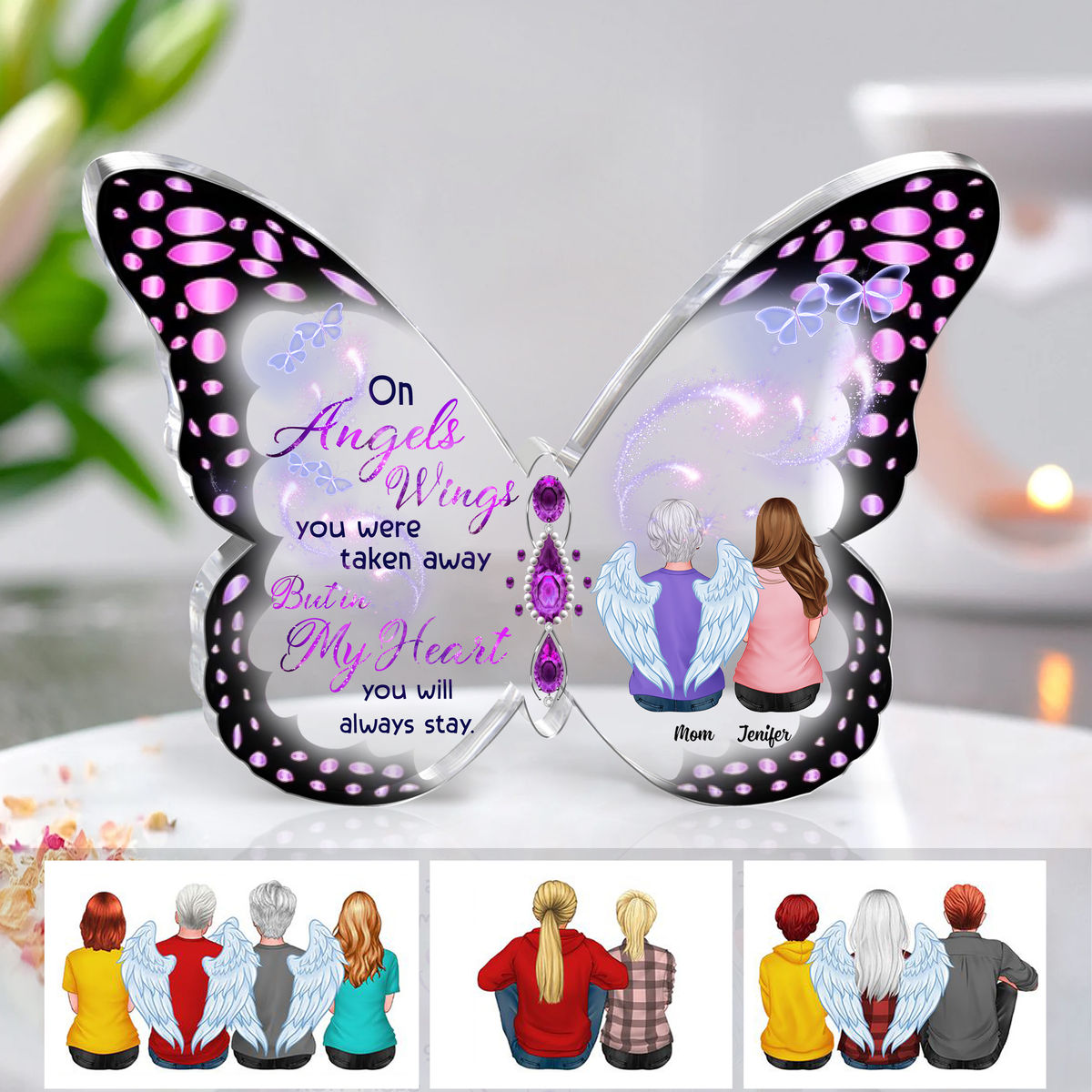 Transparent Plaque - Memorial Family - On Angels Wings (Custom Butterfly-Shaped Acrylic Keepsake)