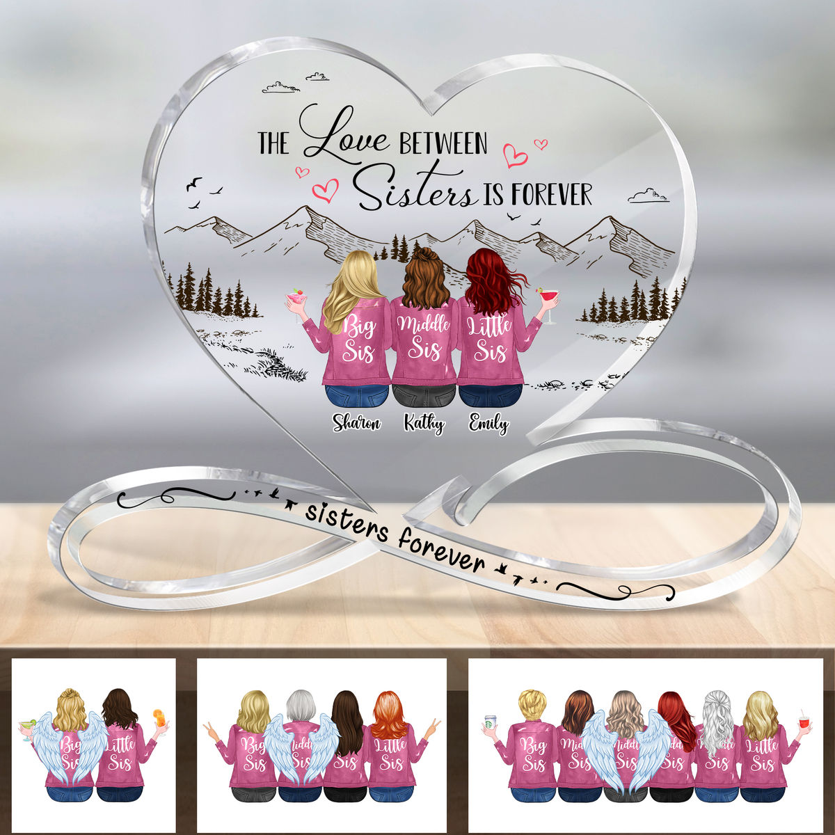 Heart Acrylic Plaque - The Love between Sisters is Forever (Pink)