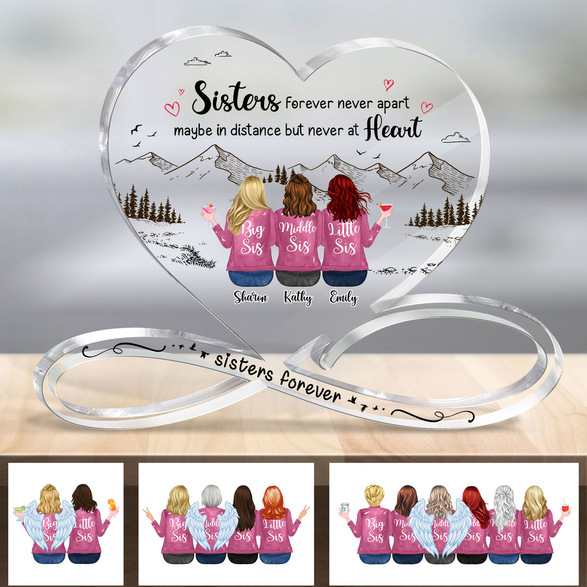 Heart Acrylic Plaque - Sisters forever never apart maybe in distance but never at heart (Pink)