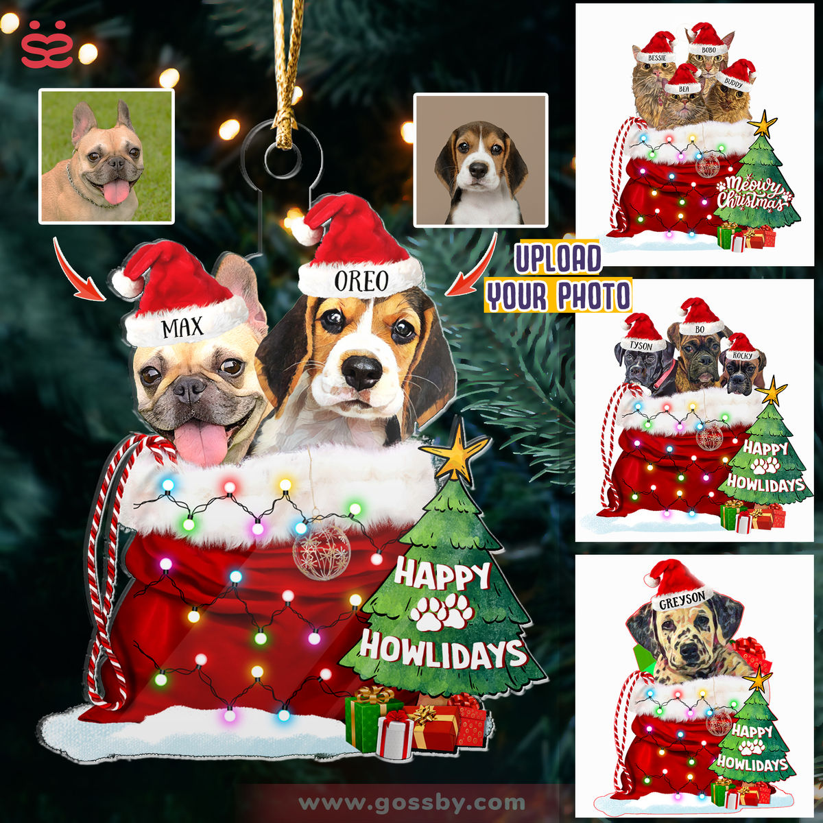 Photo Ornament - Pet Dog Cat Lover Gifts - Happy Howlidays Ornament - Custom Ornament from Photo - Christmas Gifts