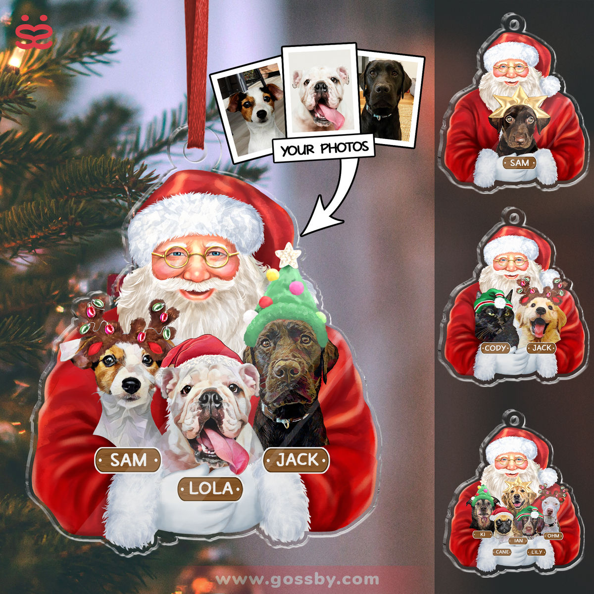 Photo Ornament - Dog Cat Pet Lover Gifts - Christmas Photo With Santa - Up To 5 Pets - Custom Ornament From Photo