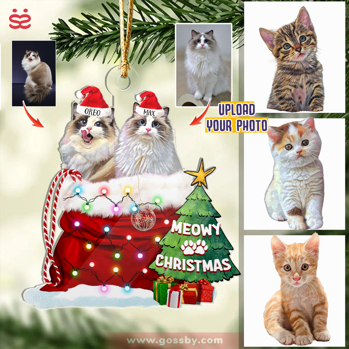 Photo Ornament - Cat Lover Gifts - Meowy Christmas Ornament v2 - Custom Acrylic Ornament from Pet Photo