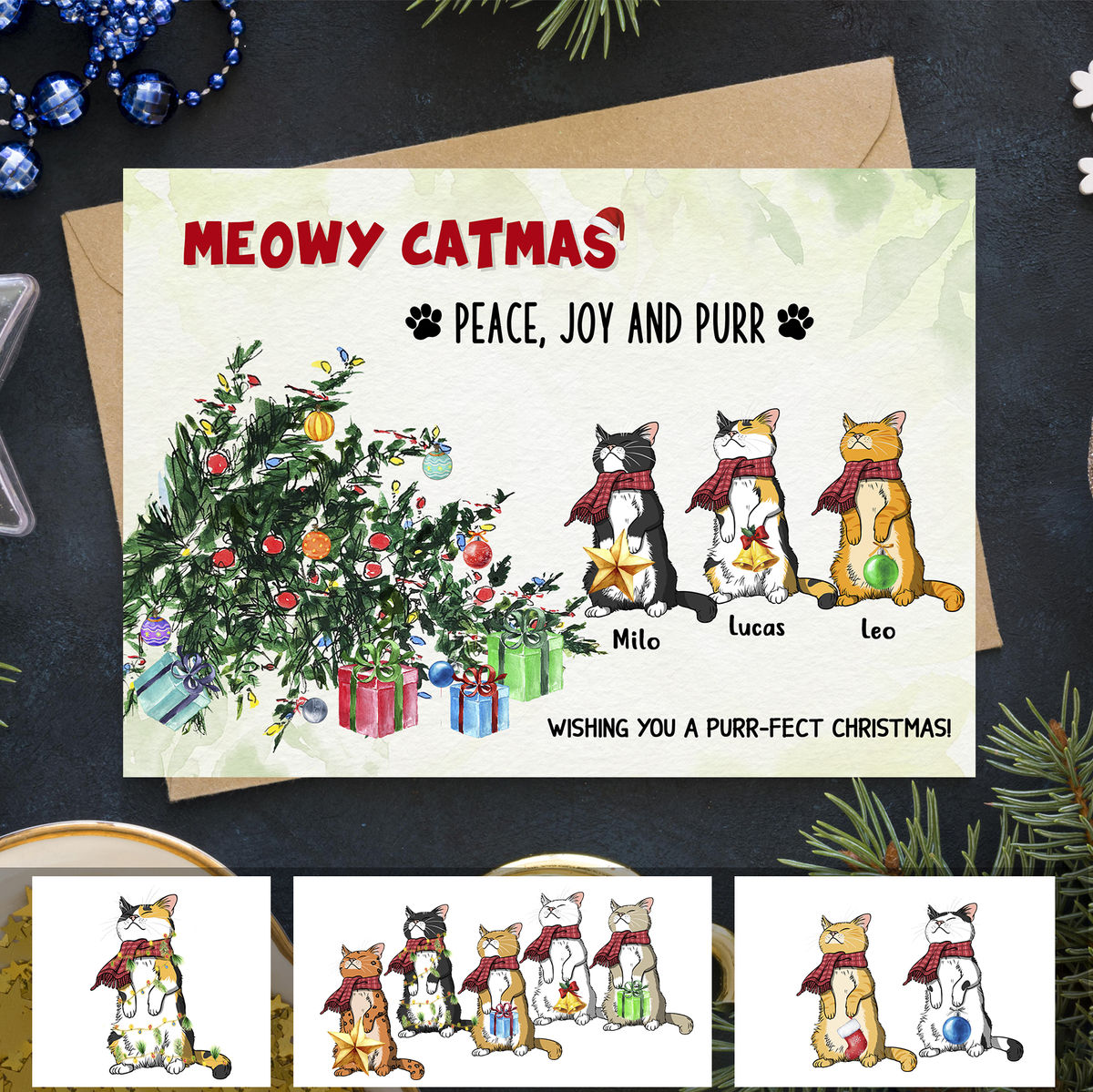 Cats Personalize Postcard - Christmas Card - Meowy Catmas Peace joy and purr Wishing you a purr-fect Christmas