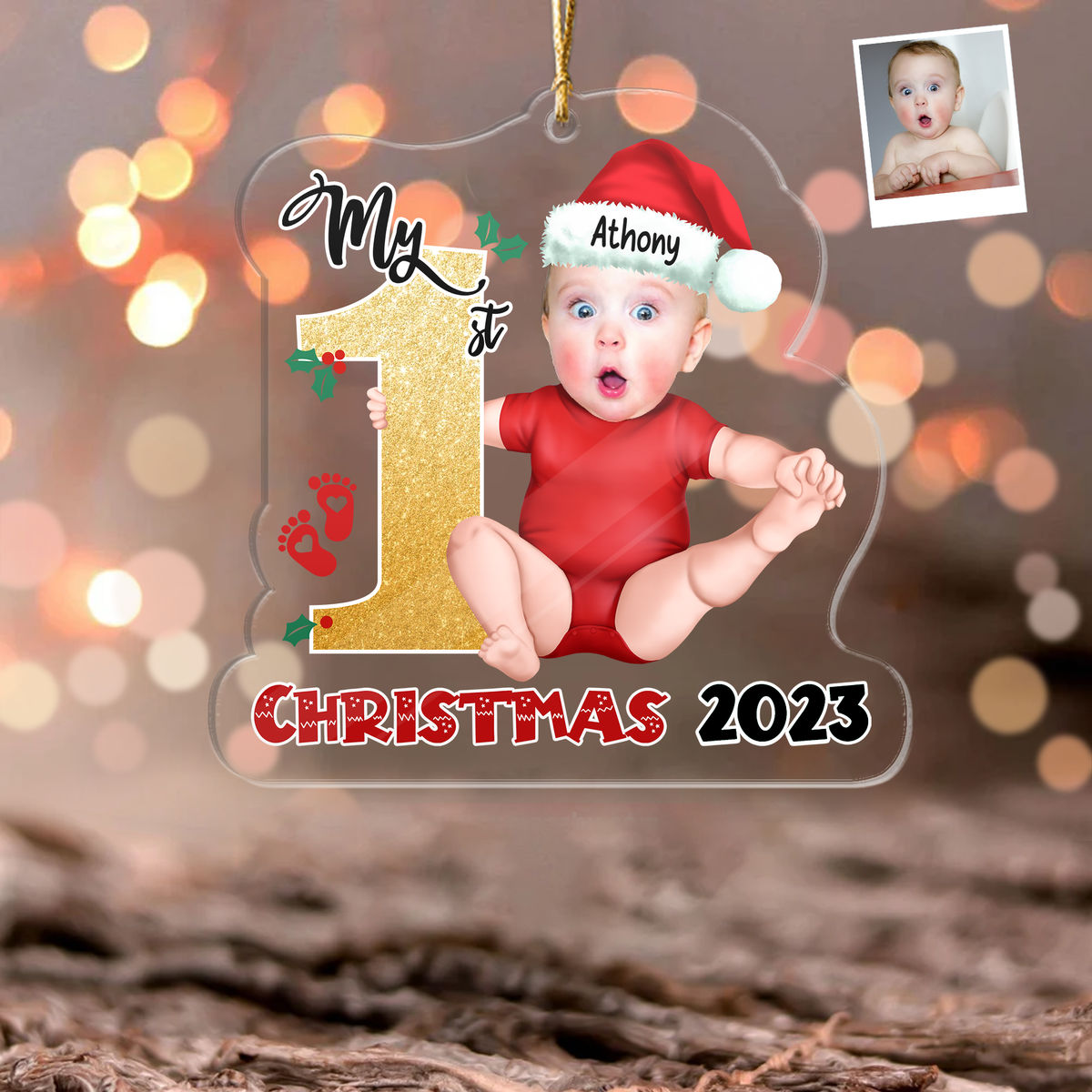 Custom Acrylic Ornament from Photo - Baby Onesie - My First Christmas 2024