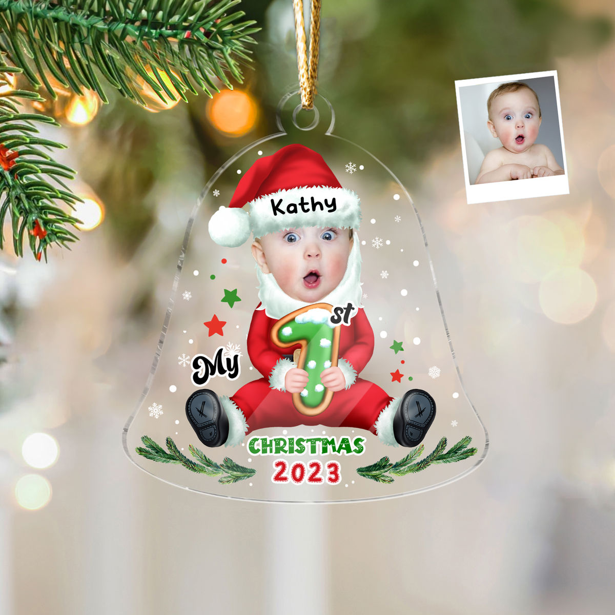 Christmas Gifts - Customized Your Photo Keychain - Christmas Bell - My First Christmas 2024 - Baby Ornament