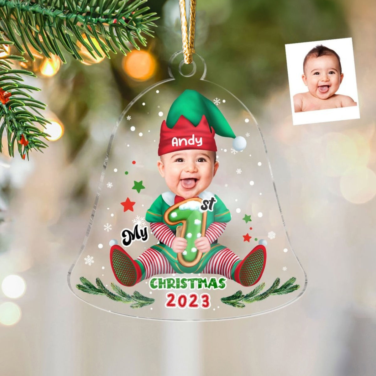 Christmas Gifts - Customized Your Photo Ornament - Christmas Bell Elf Baby - My First Christmas 2023