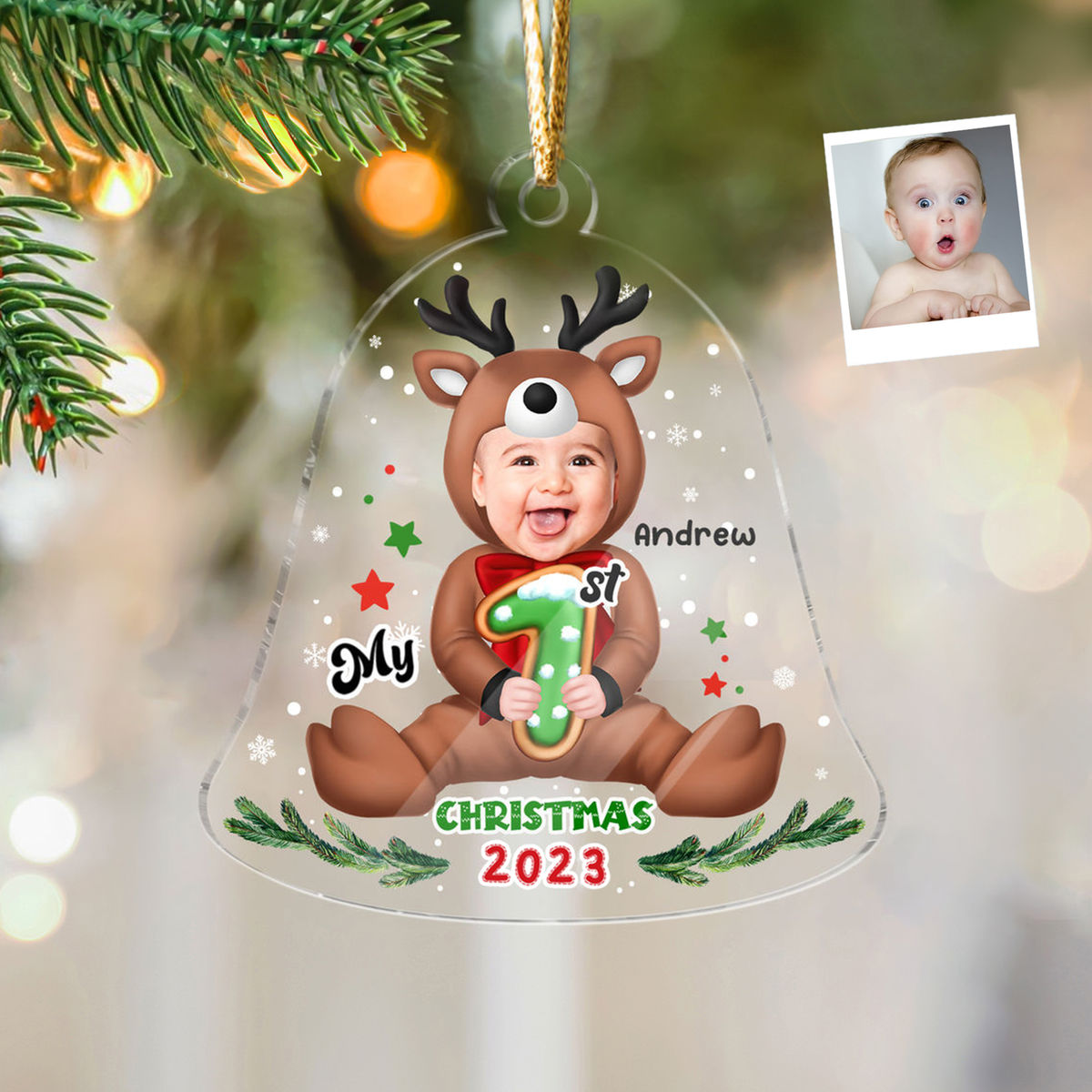 Photo Ornament - Baby - Christmas Gifts - Customized Your Photo Ornament - Christmas Bell Reindeer - My First Christmas 2024