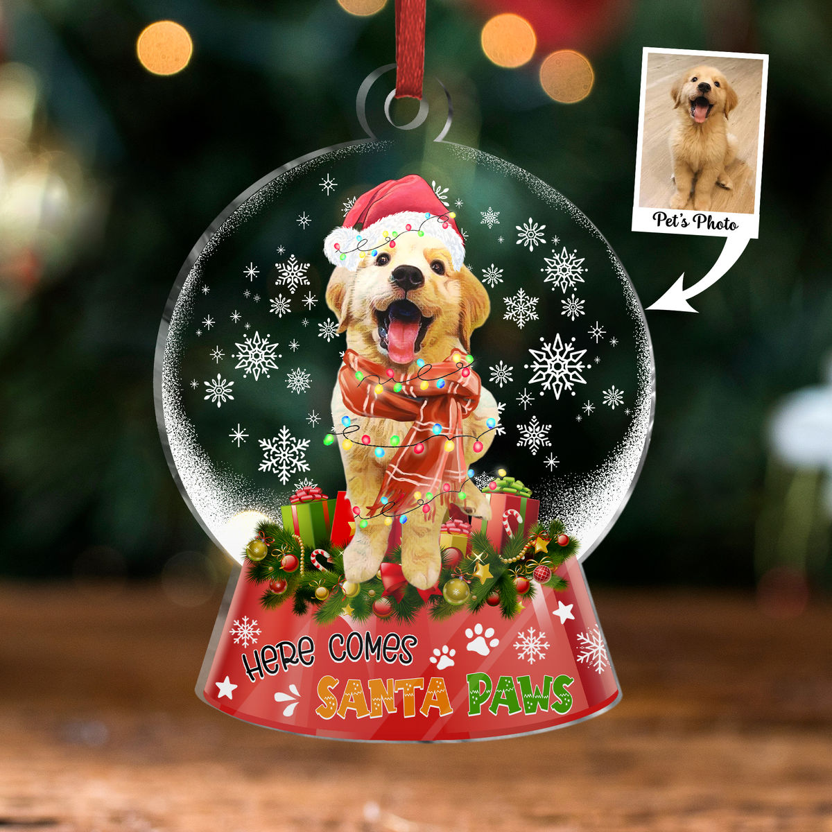 Christmas Gifts - Pet Dog Cat Lover Gifts - Here Comes Santa Paws - Custom Acrylic Ornament From Photo