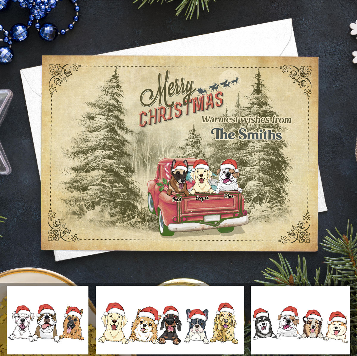 Dogs Personalize Postcard - Christmas Gift - Christmas Card - Merry Christmas! Warmest wishes from (Vintage V1)