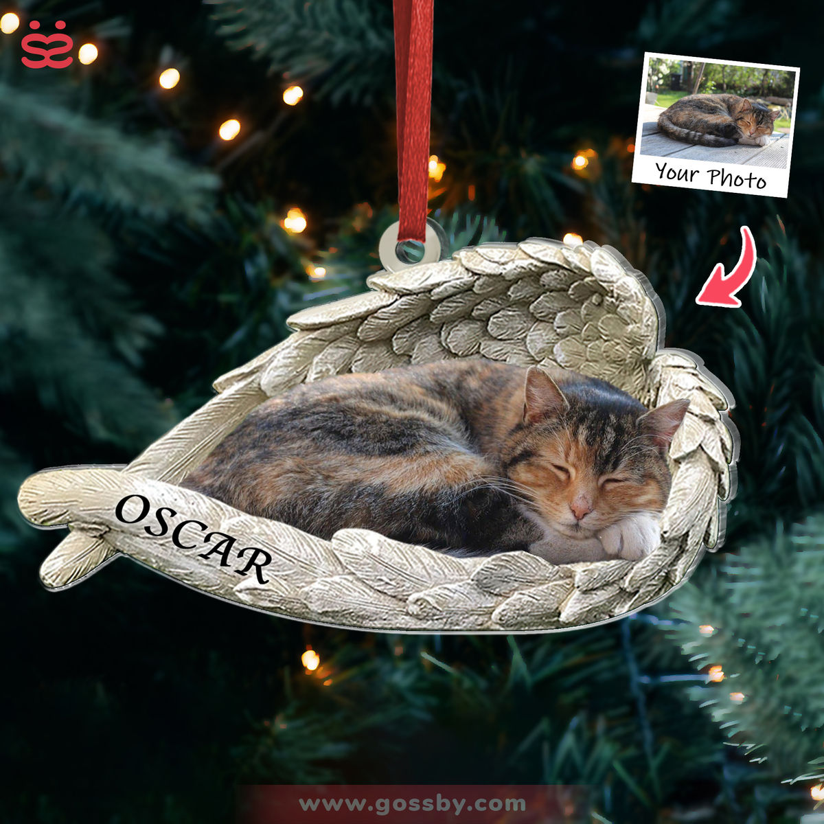 Cat Acrylic Ornament - Customized Your Photo Ornament - Sleeping Pet Within Angel Wings - Custom Ornament from Photo, Christmas Gifts