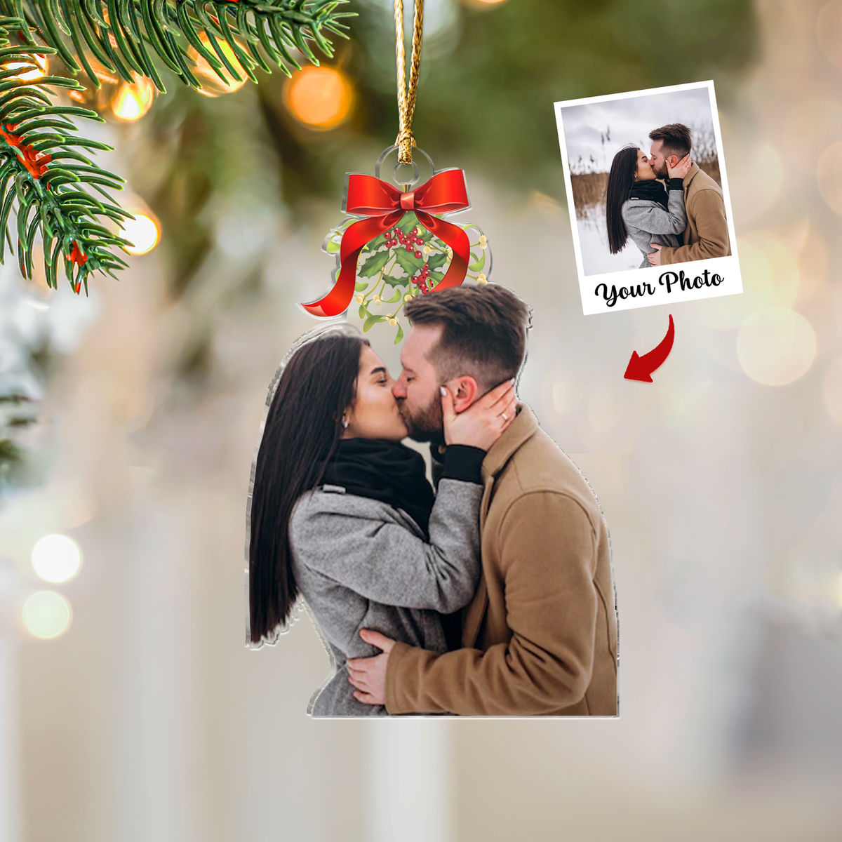 Xmas 2024- Kiss Under The Mistletoe - Customized Your Photo Ornaments - Couple Photo Gifts, Anniversary, Christmas Gifts for Couple
