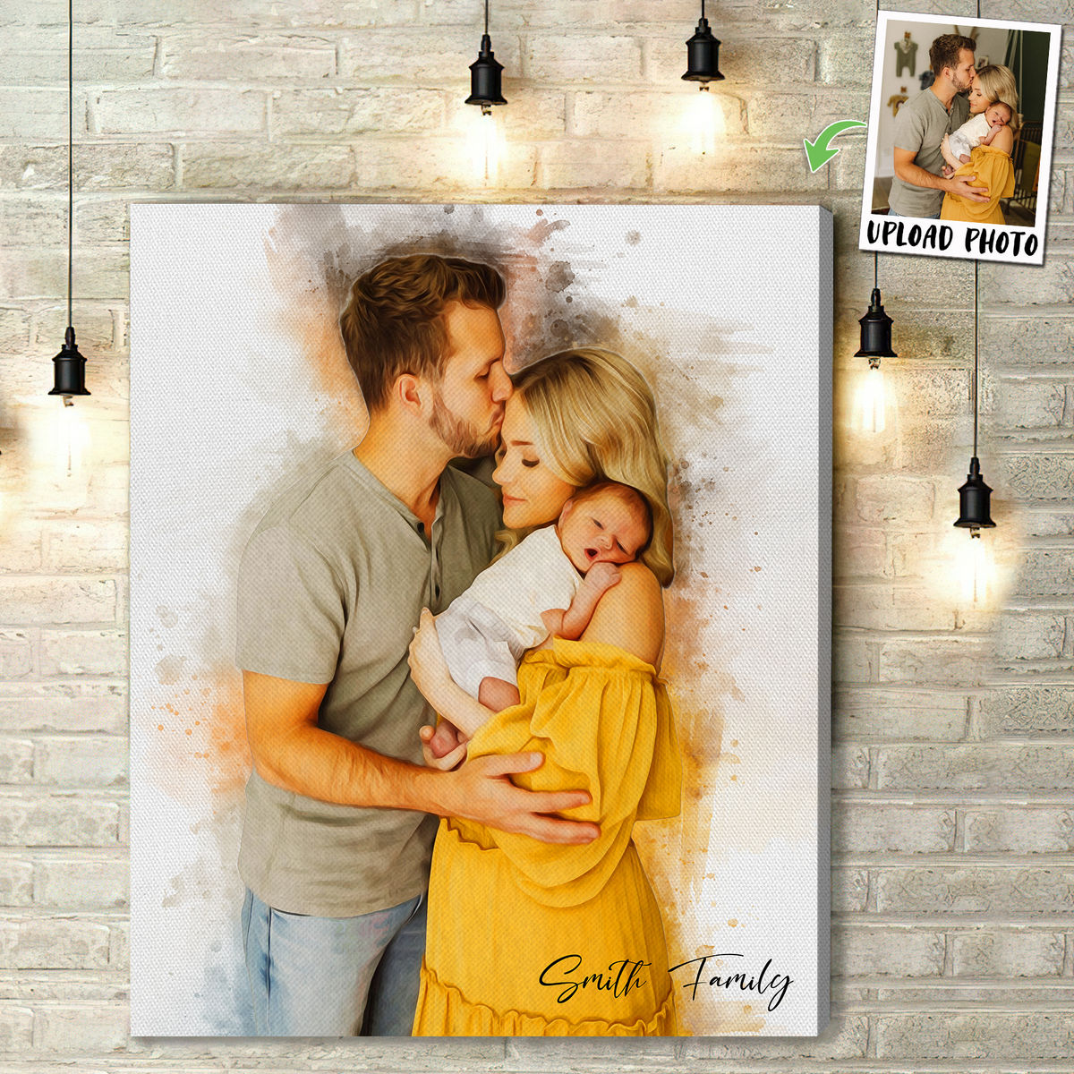 Portrait Wrapped Canvas - Family with Message Canvas - Watercolor Portrait from Photo - Couple Photo Gifts_1