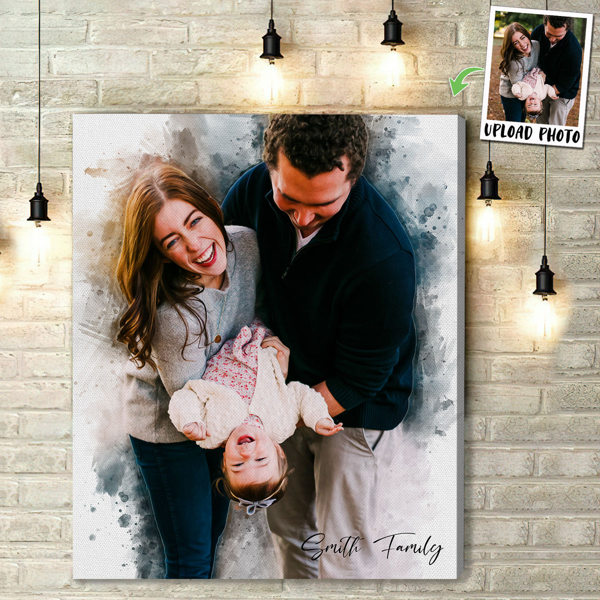 Family with Message Canvas - Watercolor Portrait from Photo - Couple Photo Gifts