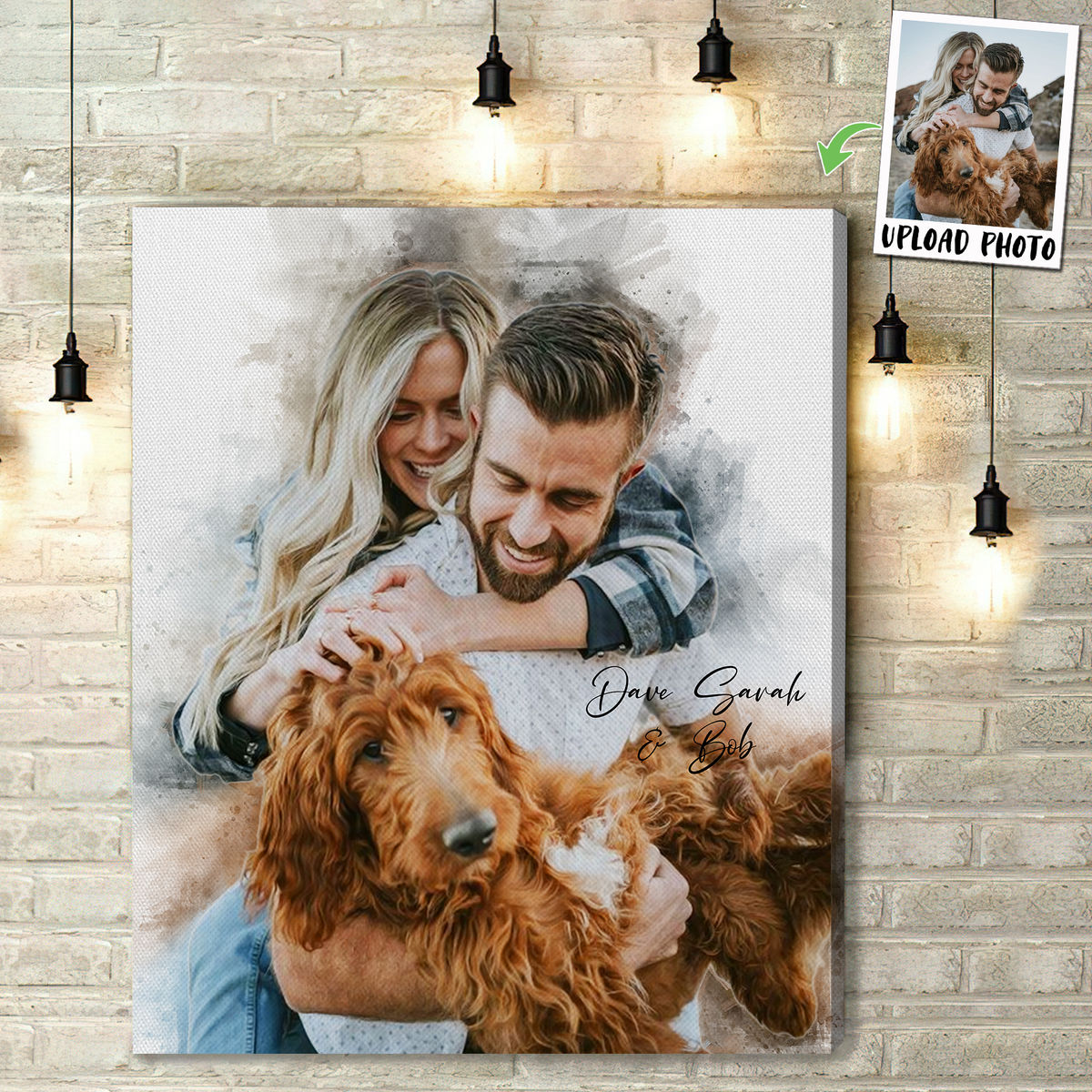 Portrait Wrapped Canvas - Couple and Fur baby Add Message Canvas - Watercolor Portrait from Photo - Couple Photo Gifts_1