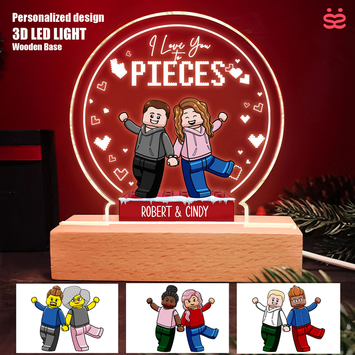 Valentine Gift for Sweetheart - I love you to pieces - Personalized 3D LED Light Wooden Base (2401)
